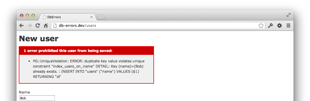 Screenshot of database error rendered as a validation error